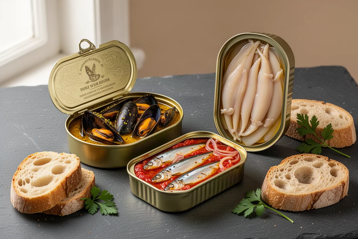 Three open premium tins of seafood with bread on a slate surface