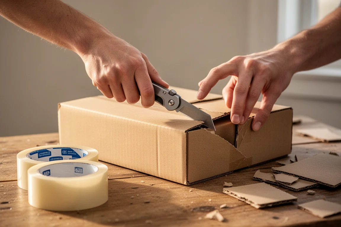 Trabalhador abrindo uma caixa de papelão com uma faca utilitária compacta em um canteiro de obras