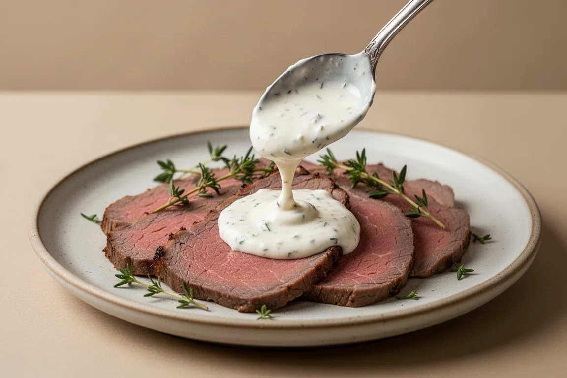 Cremige Meerrettichsauce wird über aufgeschnittenes Roastbeef auf einem Teller löffelweise verteilt