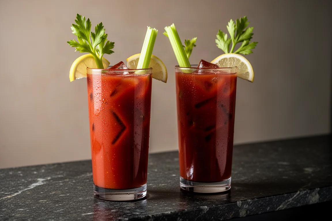 Bloody Mary Cocktails mit Selleriegarnitur auf einer Theke