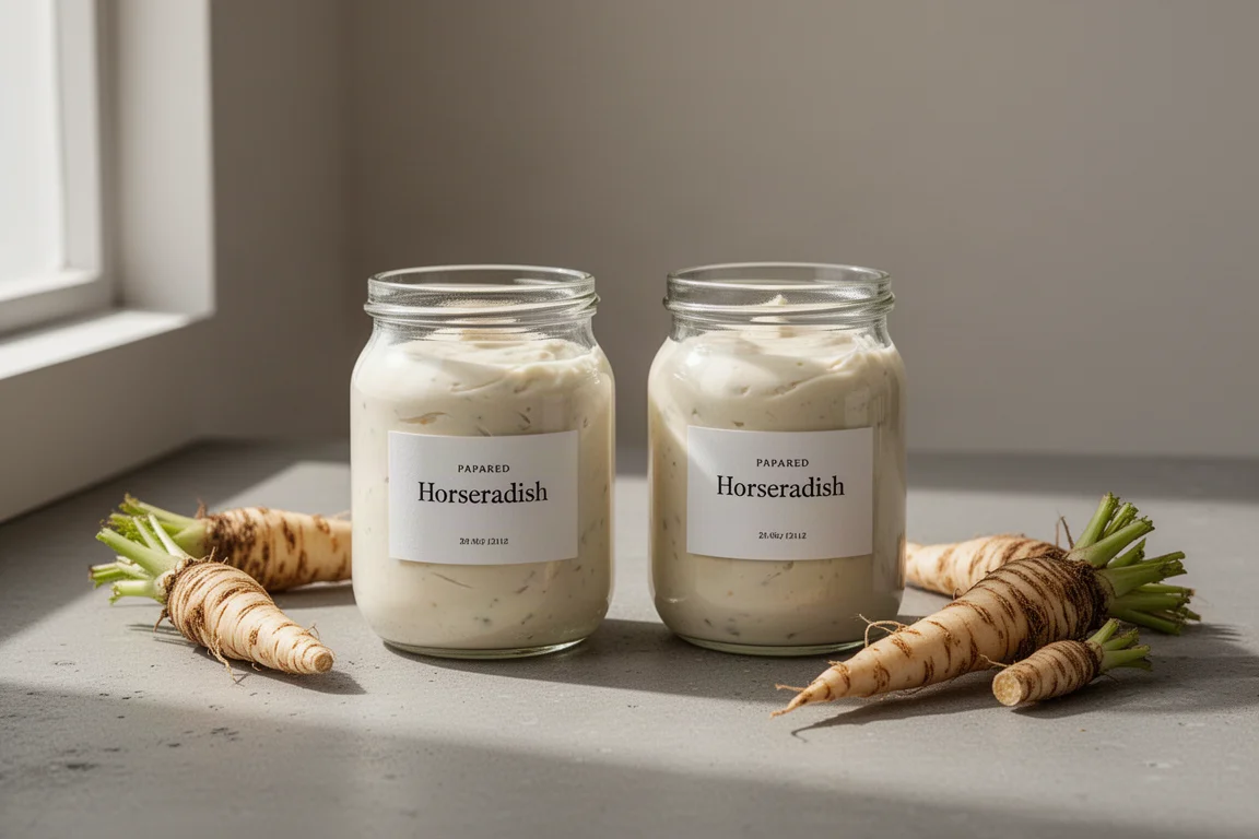 Two jars of prepared horseradish on a concrete surface with fresh horseradish roots