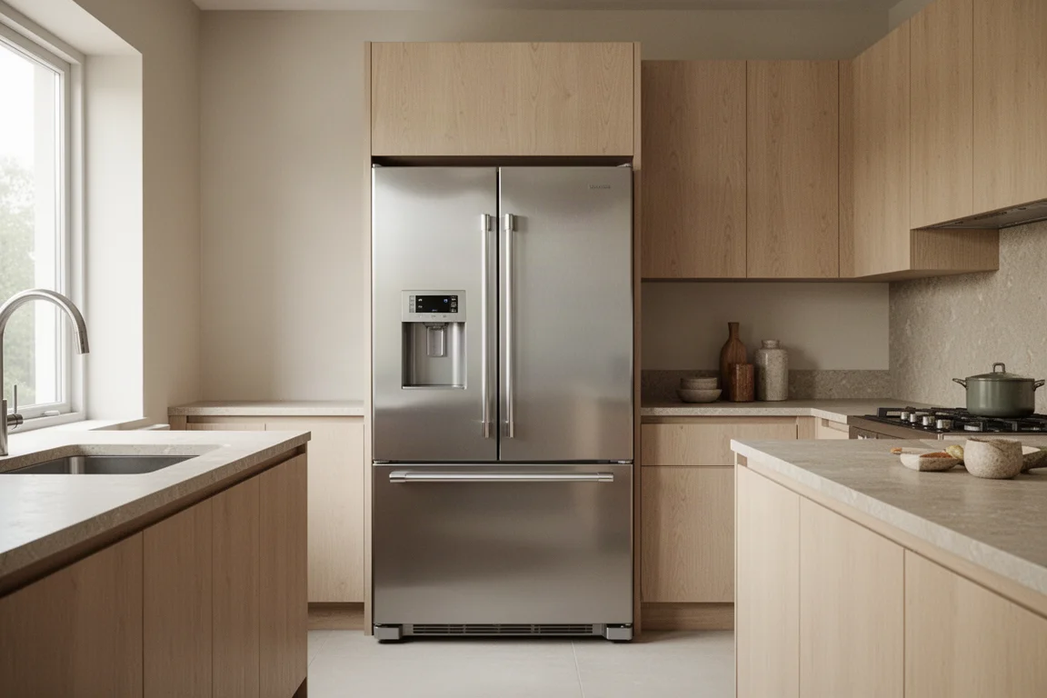 Nowoczesna kuchnia ze stojącą lodówką French door w stali nierdzewnej
