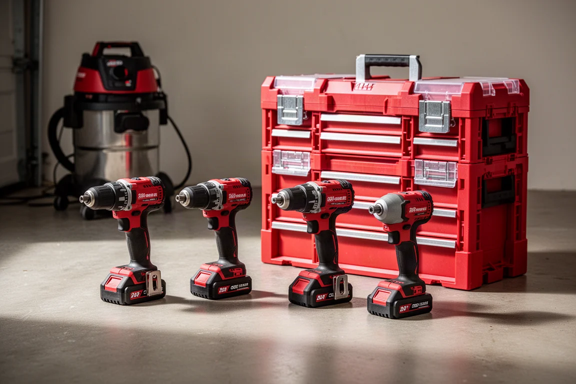 Cordless power tools and a stackable toolbox arranged in a tidy garage workshop