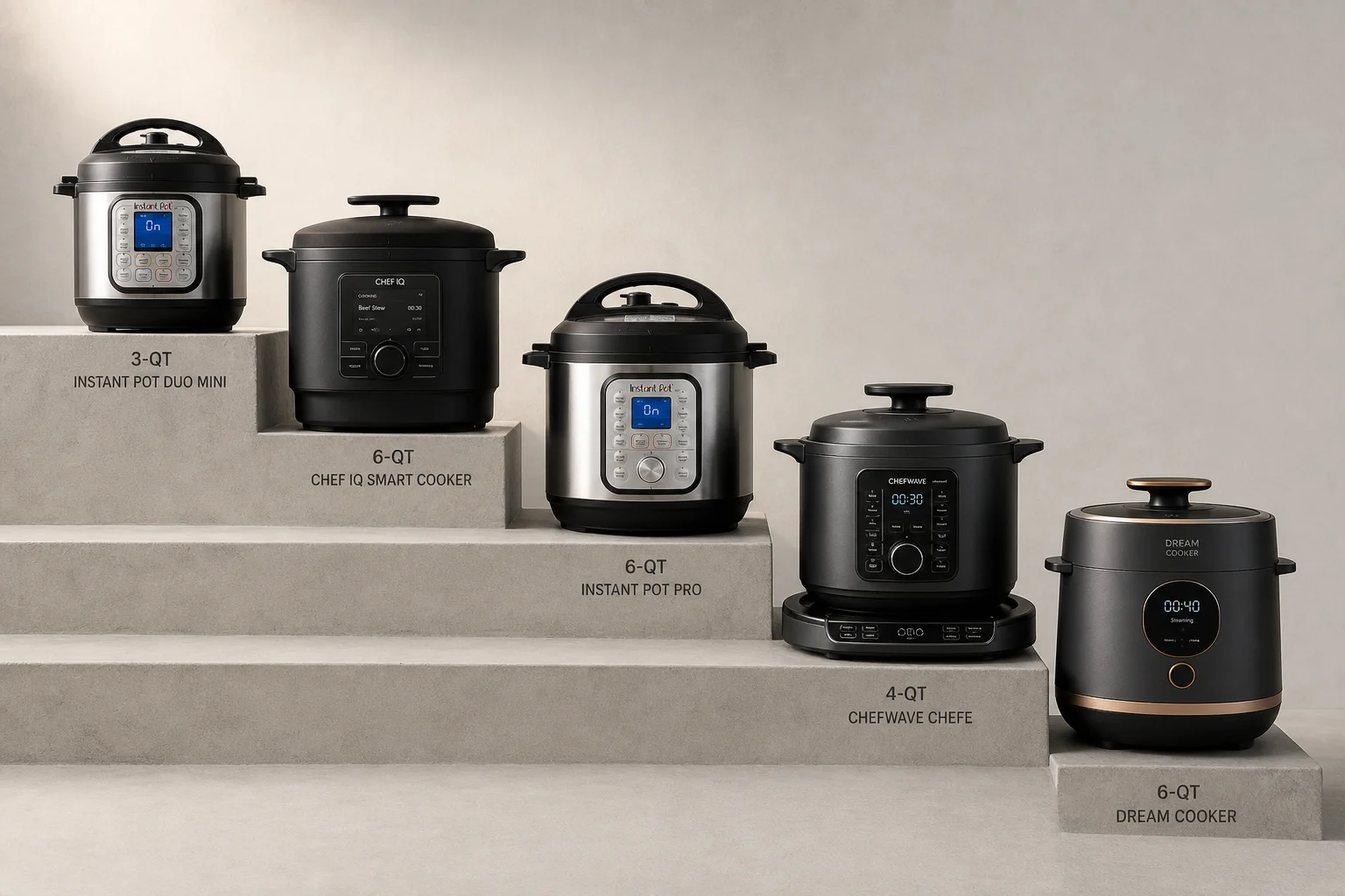 Five pressure cookers and multi-cookers arranged on concrete surface