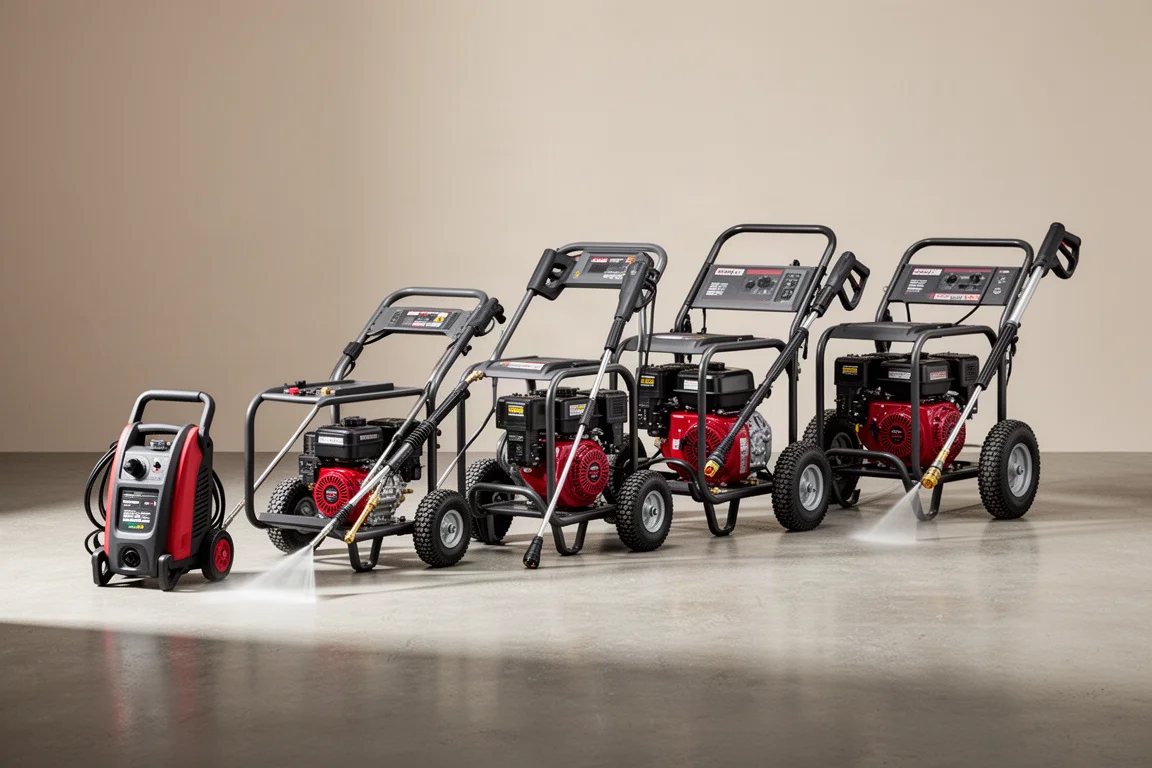 Lineup of pressure washers from compact electric to large gas-powered models on concrete
