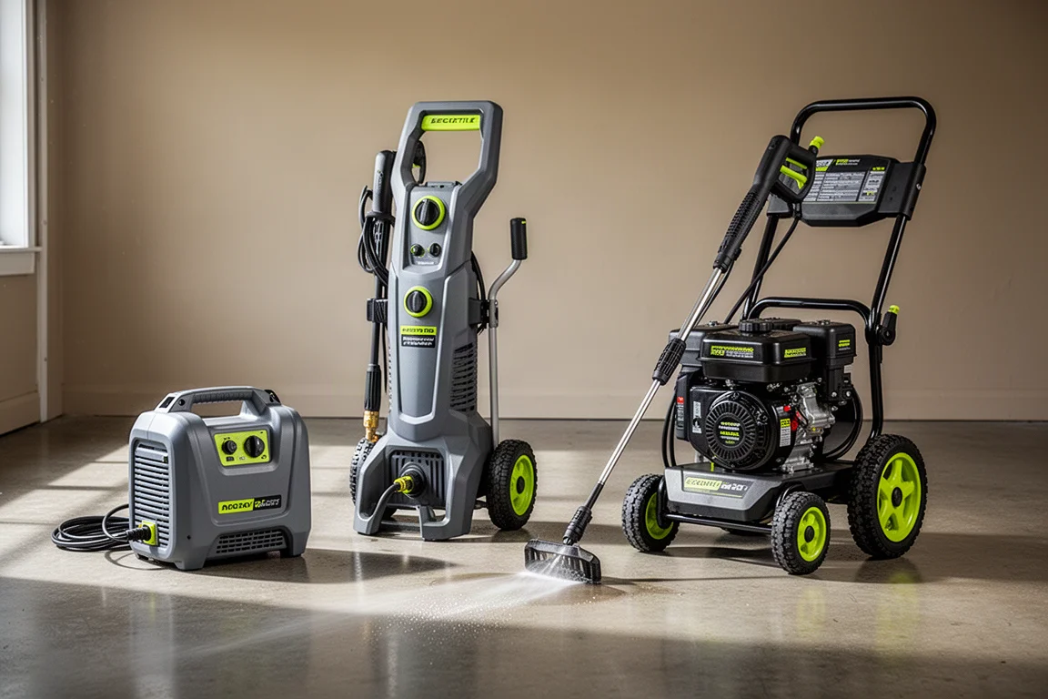 Lineup of electric and gas pressure washers on a concrete garage floor