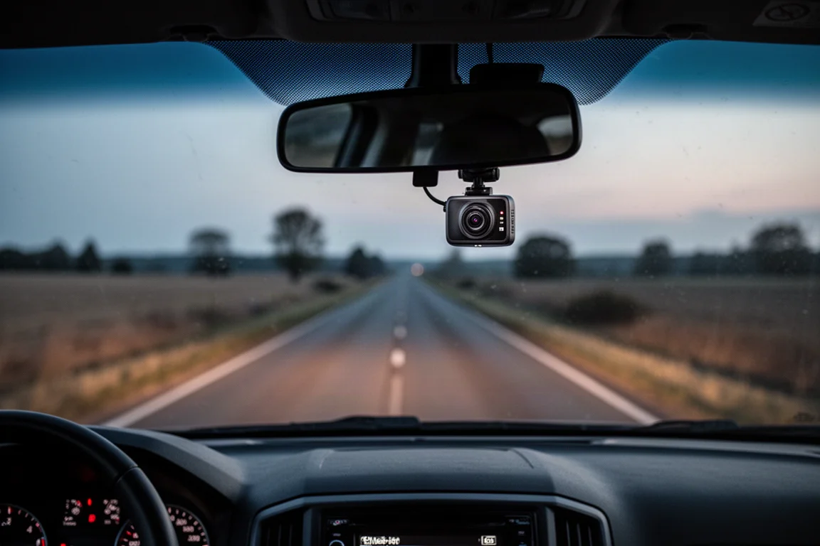 Cámara de tablero montada en el parabrisas grabando una carretera de dos carriles al atardecer