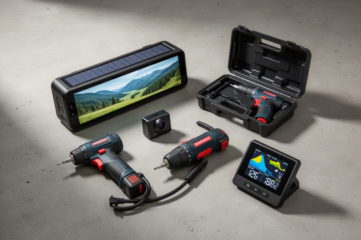 Flat lay of backup camera, dash cam, screwdriver, inflator, and weather station on concrete