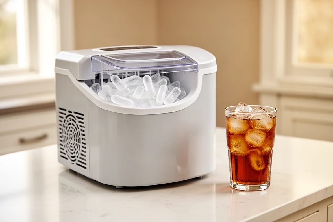 Machine à glaçons de comptoir produisant de la glace fraîche dans un coin de cuisine lumineux