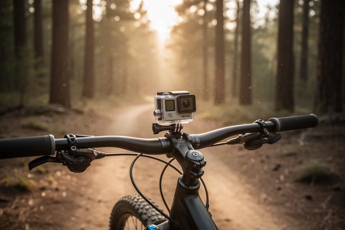 Caméra d'action fixée sur le guidon d'un vélo tout-terrain pendant une balade