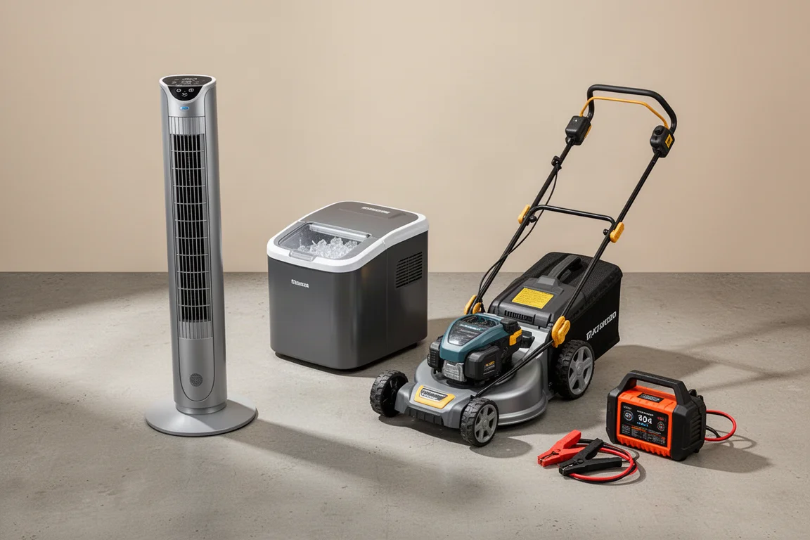 Tower fan, ice maker, cordless mower, and jump starter arranged on a concrete surface