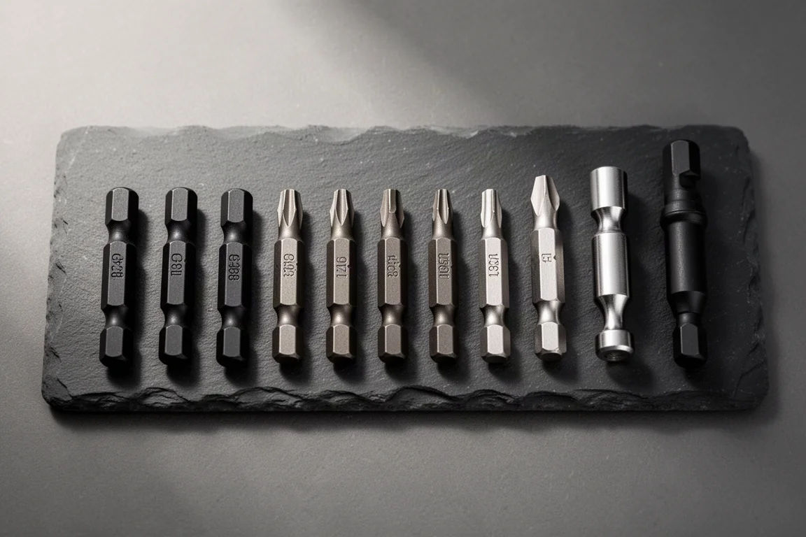 Pontas hexagonais variadas e acessórios de Driving bits organizados sobre uma superfície escura de ardósia