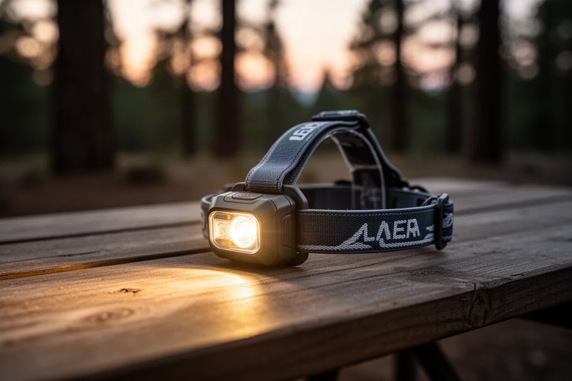 Lanterna de cabeça compacta com faixa sobre a mesa de um acampamento ao anoitecer