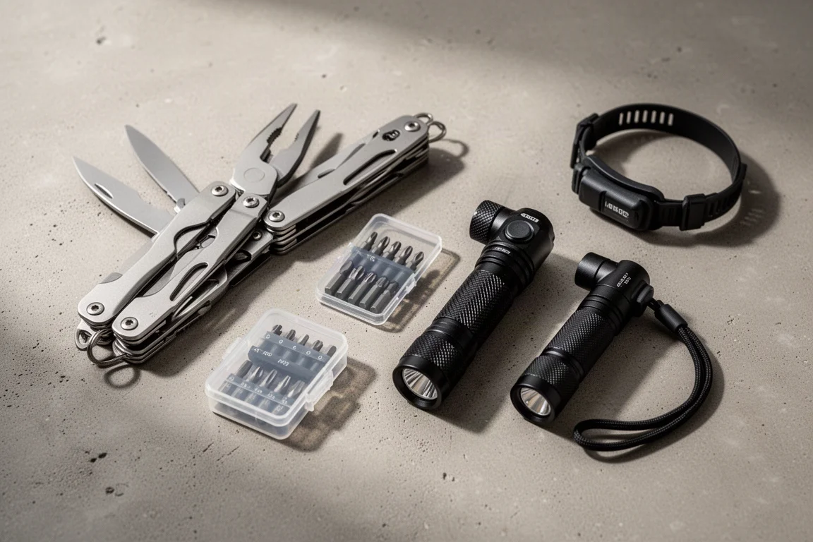 Multi-tool, kit di punte e torce compatte disposte su una superficie in calcestruzzo