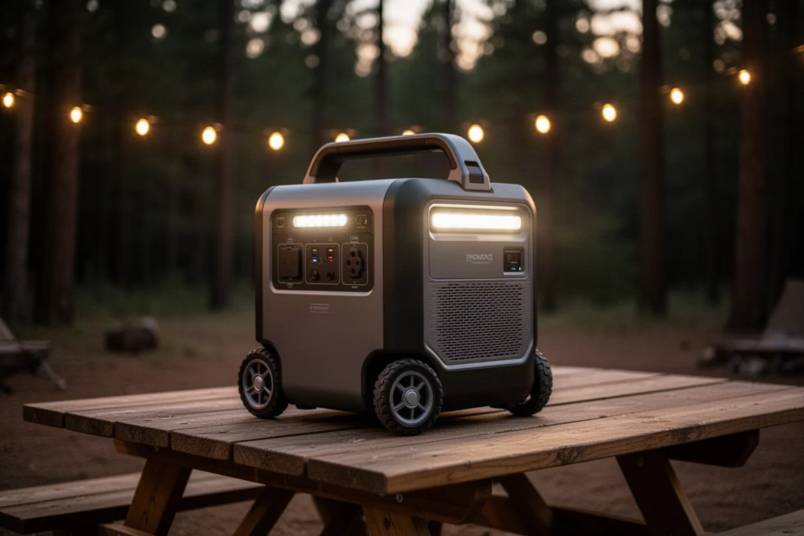 Portable Powerstation auf einem Campingtisch in der Abenddämmerung bei warmem Licht