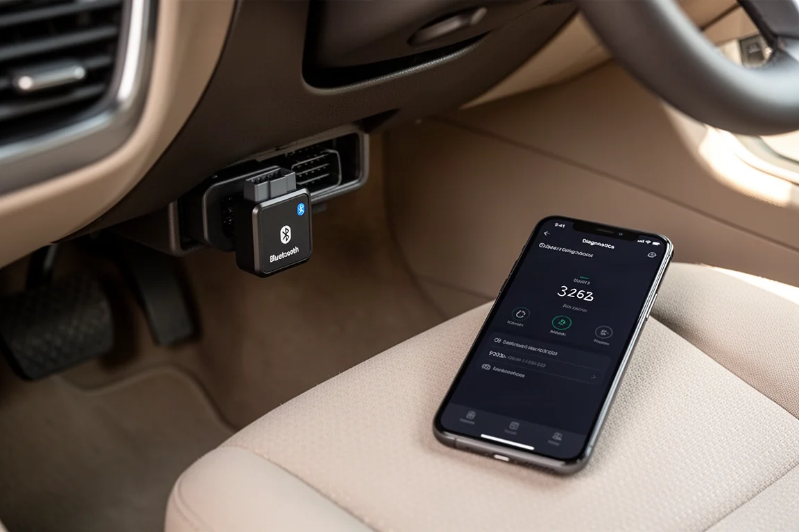 OBD2-Diagnosescanner unter dem Armaturenbrett eines Autos angeschlossen
