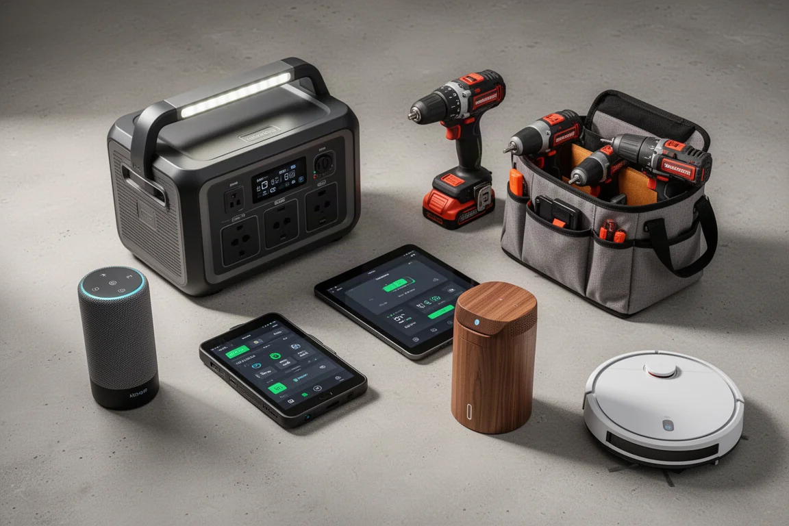 Assorted deal products including a power station, tools, speaker and robot vacuum arranged on concrete