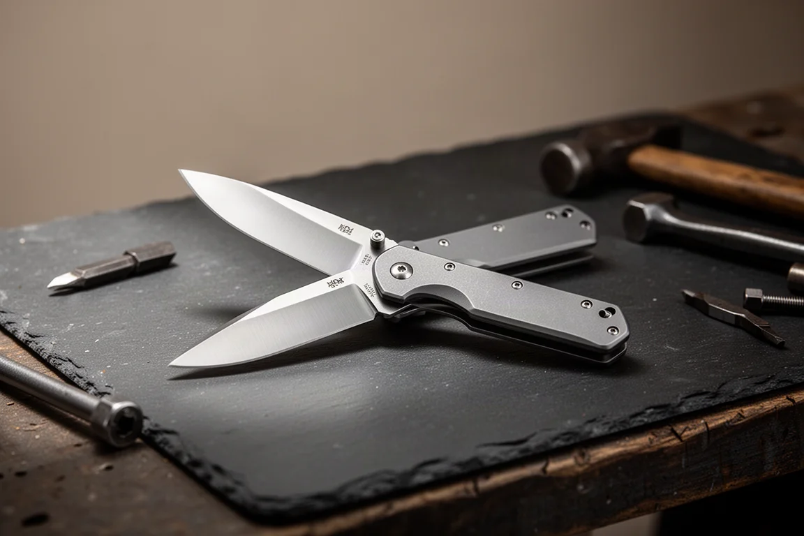 Coltello chiudibile parzialmente aperto su un tavolo da officina scuro