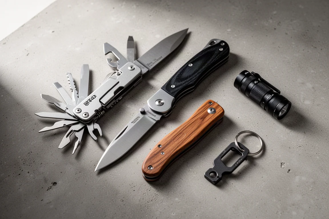 Flat-lay of multitool, folding knives, flashlight and keychain tool on concrete