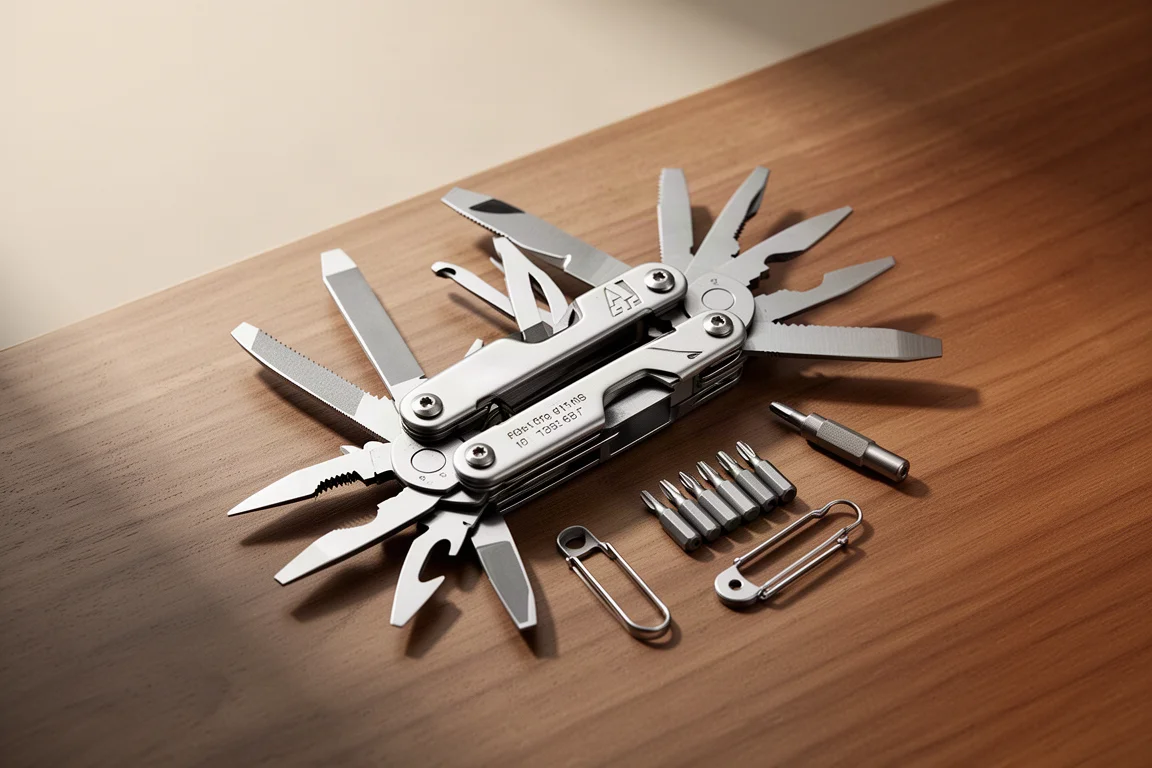 Compact multi-tool with pliers open on a wooden desk