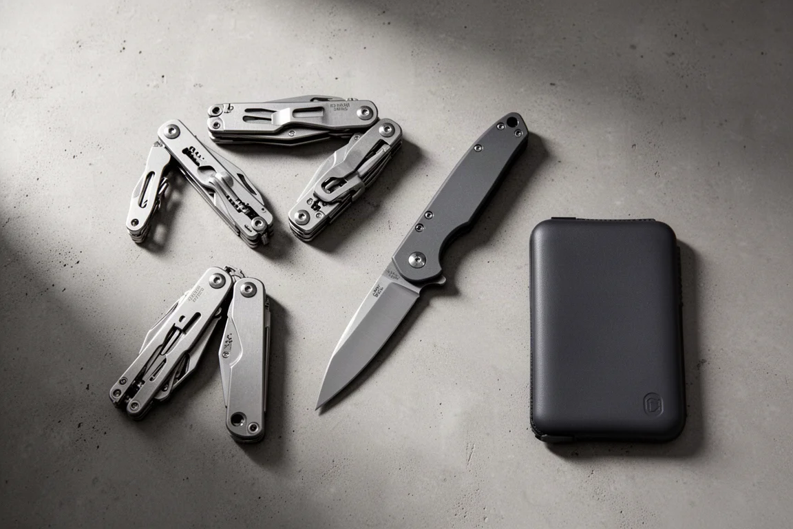 Flat-lay of a multi-tool, two flashlights, and a folding knife on concrete