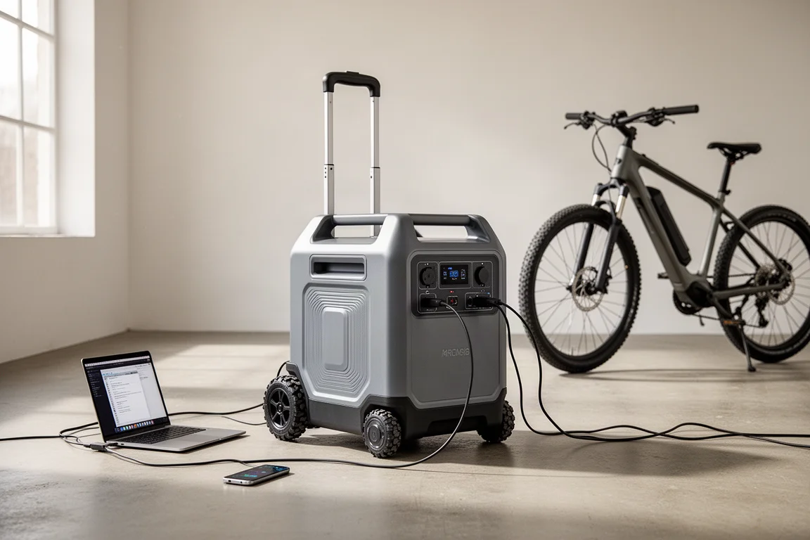 Grande power station portatile su ruote che carica un laptop, un telefono e una e-bike in uno studio