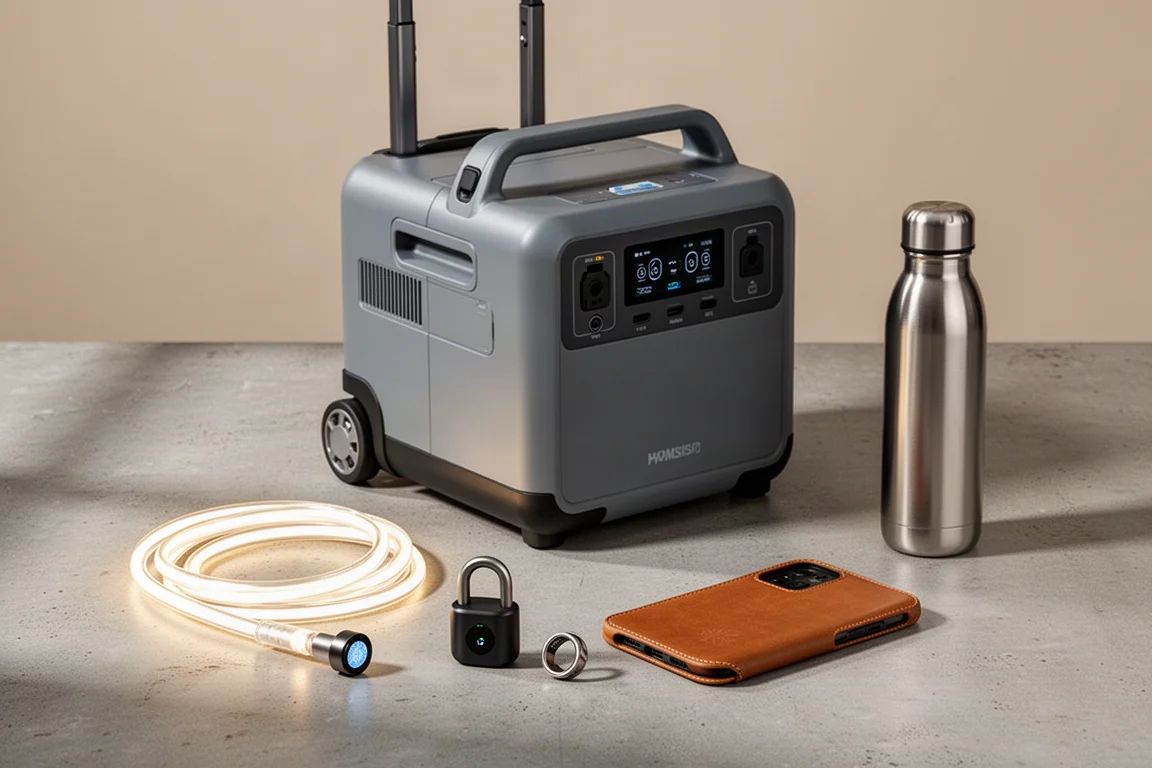 Flat-Lay mit tragbarer Powerstation, Neon Rope Light, Smart Lock, Smart Ring, Phone Case und Wasserflasche auf Beton