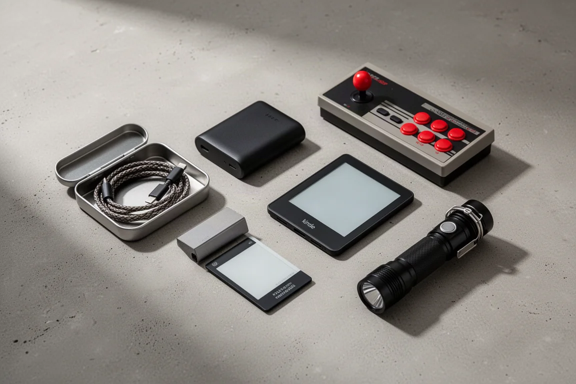 Sechs Tech-Gadgets, darunter eine Handheld-Konsole, eine Powerbank, eine Sicherheitskamera, ein Campingstuhl und eine Tischlampe auf einer Betonoberfläche