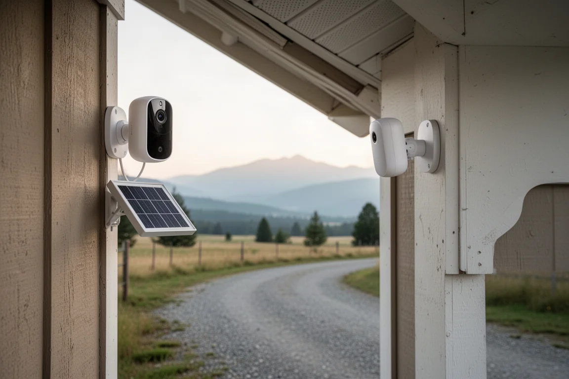 Solar-powered security camera mounted under a roof eave overlooking a rural property
