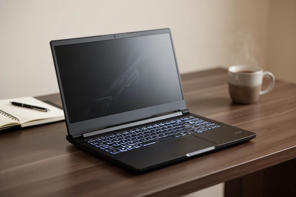 Gaming laptop open on a desk with keyboard backlight glowing