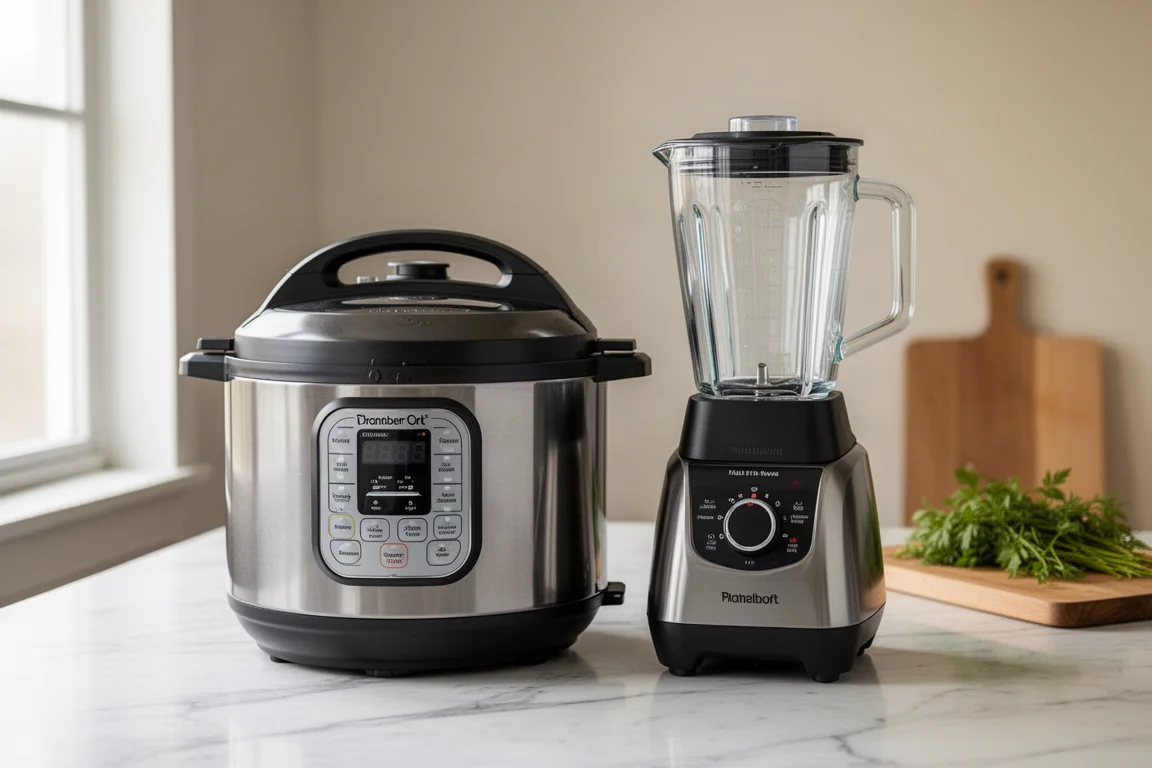 Modern kitchen countertop with a pressure cooker and blender in natural light