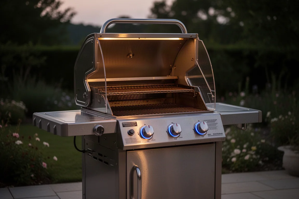 Gas grill with lid open cooking food on an outdoor patio at dusk