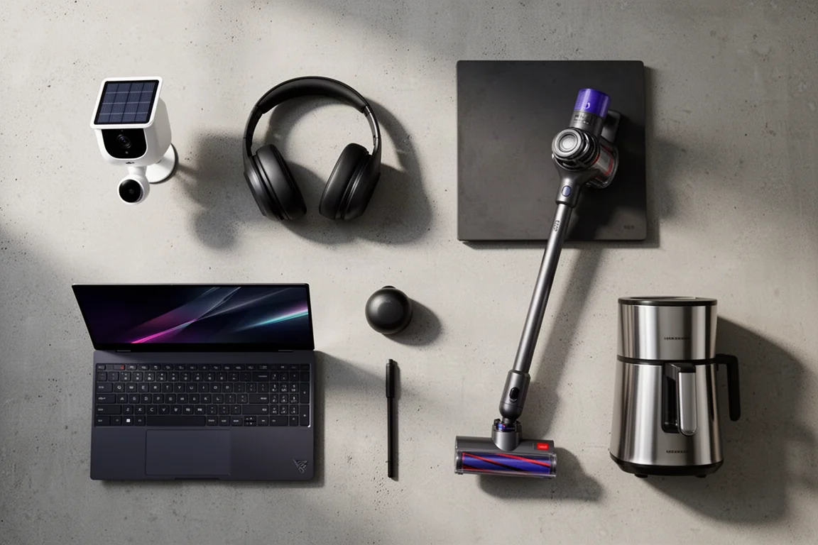Flat-lay arrangement of home and tech products including headphones, laptop, vacuum, and security camera