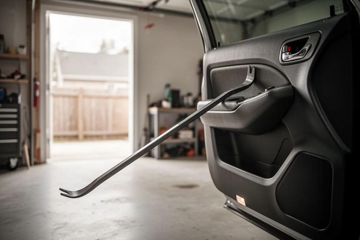 Framdragjärn lutat mot en stötfällare medan en panel lossas i en garage