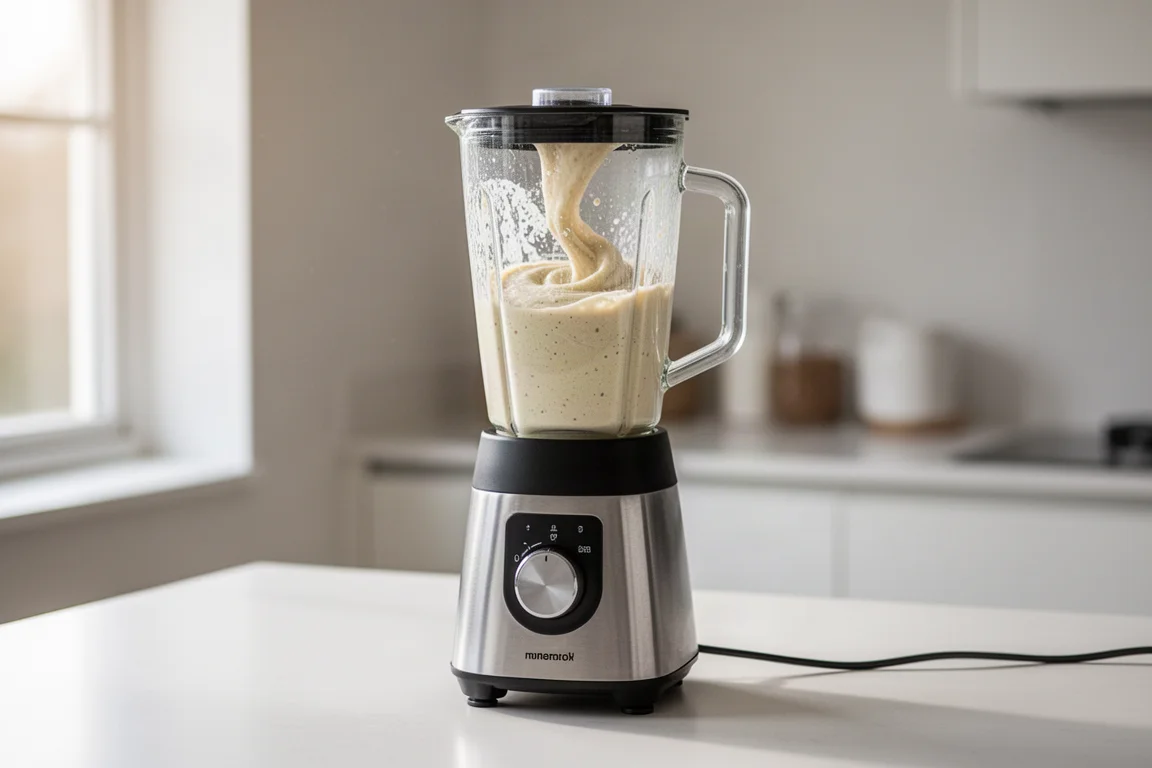 Standmixer im Mitte des Mixvorgangs auf einer hellen Küchenarbeitsplatte