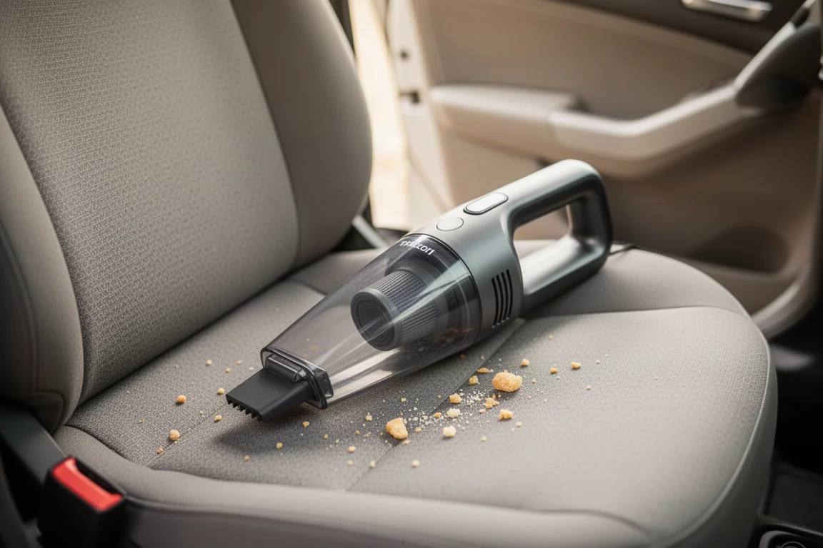 Handstaubsauger auf einem Autositz während einer schnellen Reinigung