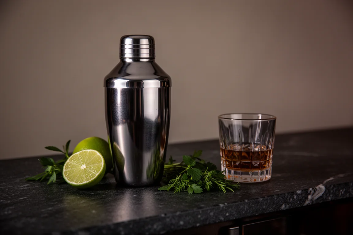 Cocktailshaker und frische Zitrusfrüchte auf einer Bartheke in der Abenddämmerung