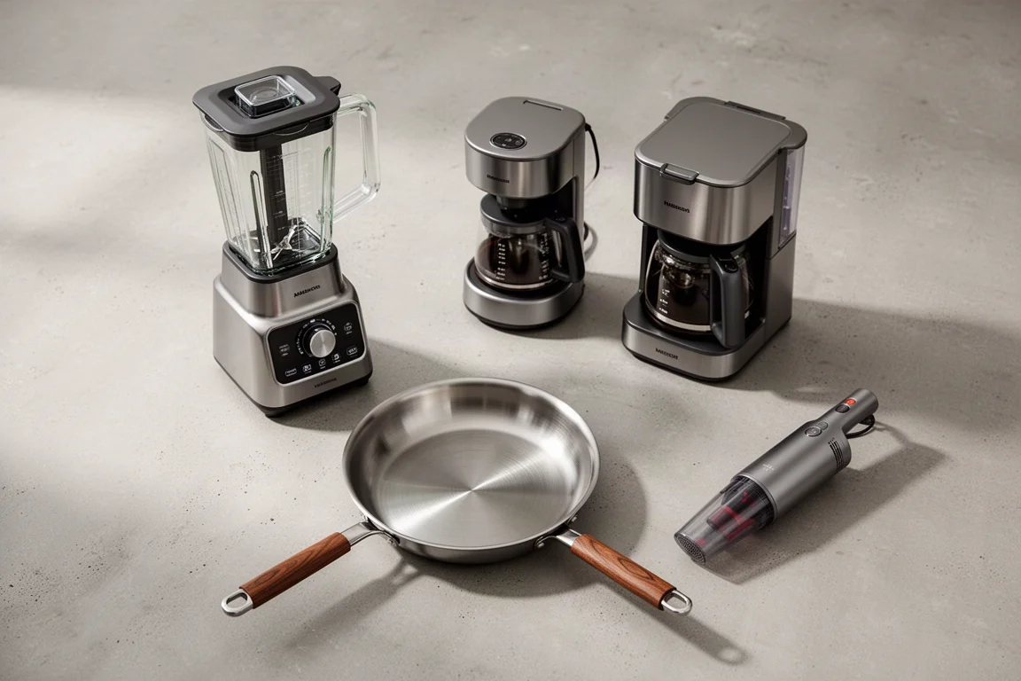 Flat-lay of blender, coffee maker, skillet and handheld vacuum on concrete