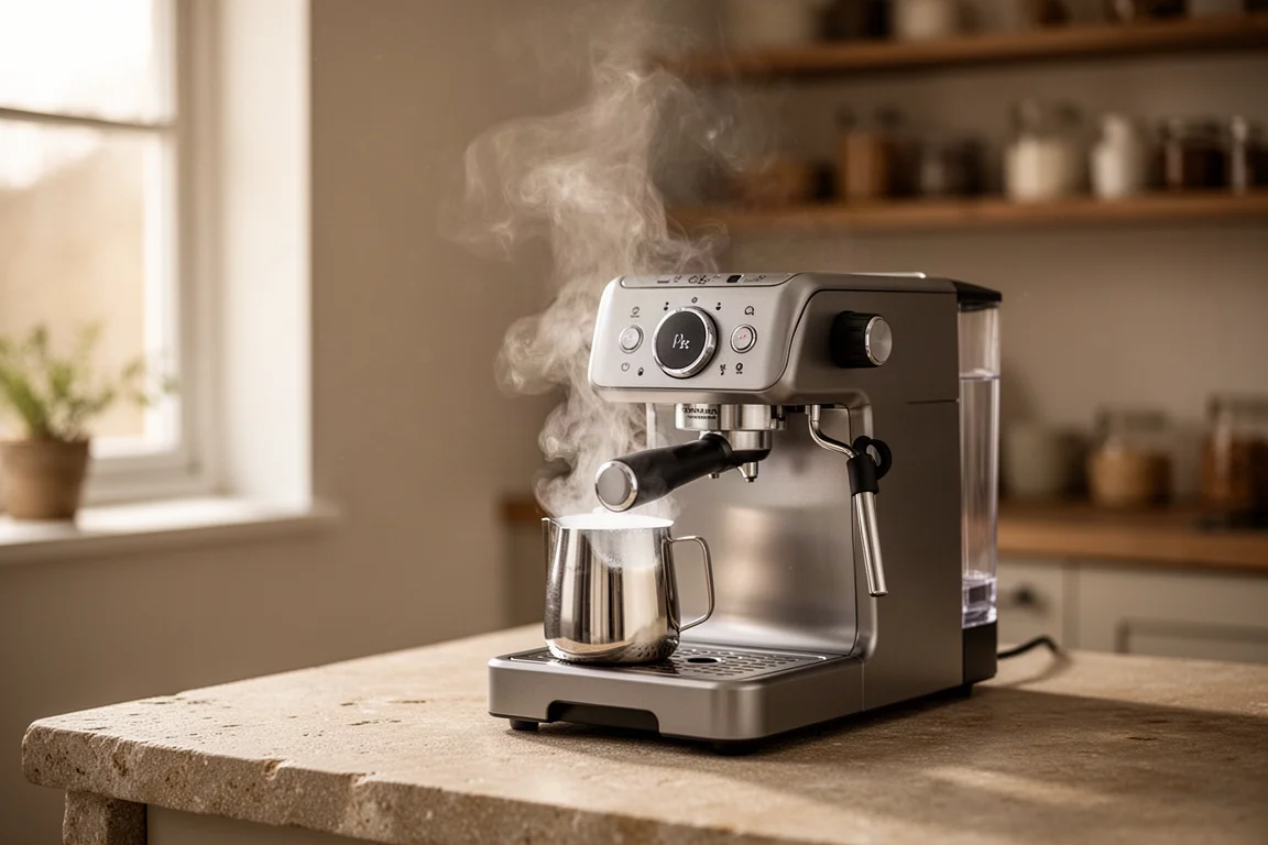 Espresso wird in einer kleinen Küchenecke in Milch aufgeschäumt