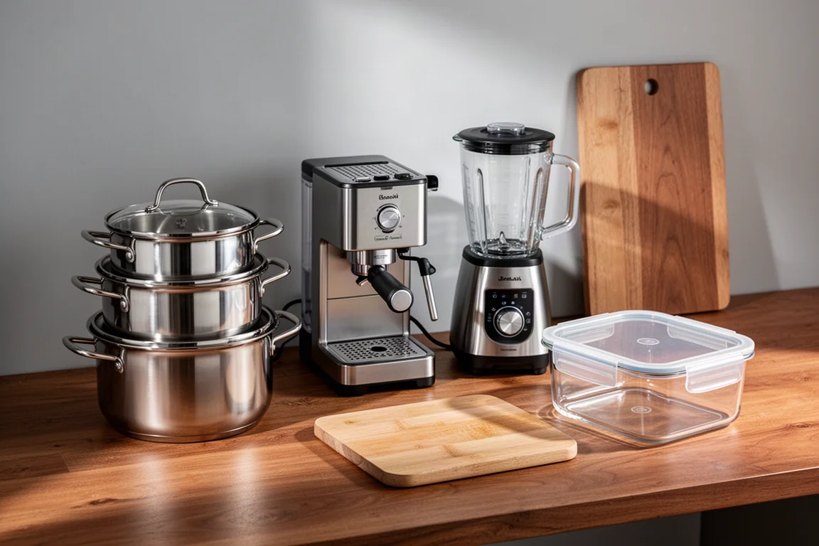 Curated kitchen gear arrangement with cookware, espresso machine, blender and cutting board on a wooden counter