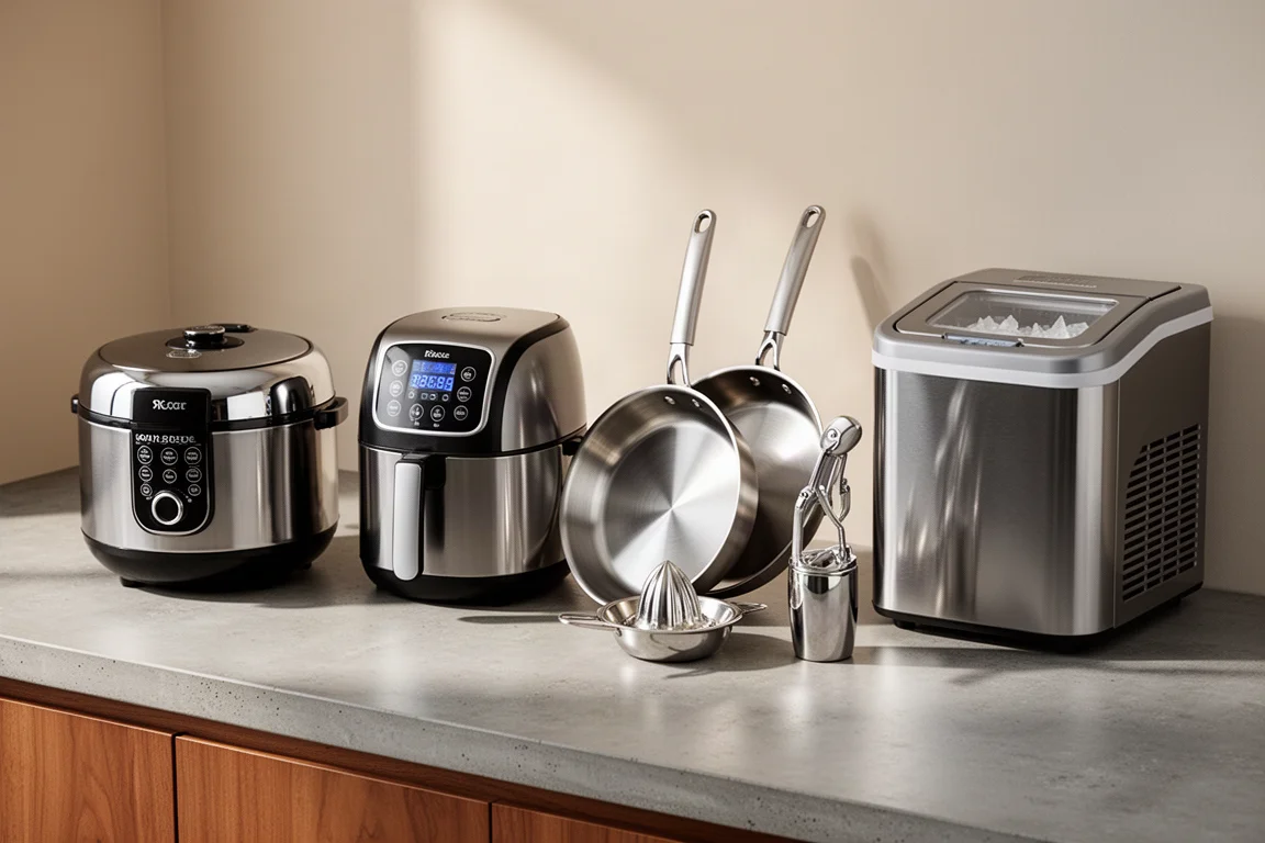 Lineup of kitchen appliances and cookware on a concrete countertop