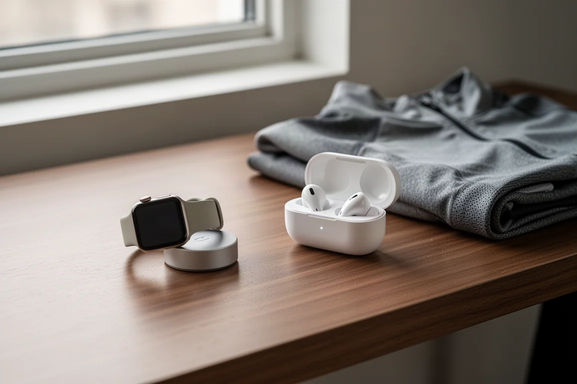 A smartwatch and wireless earbuds arranged on a clean desk beside a running kit