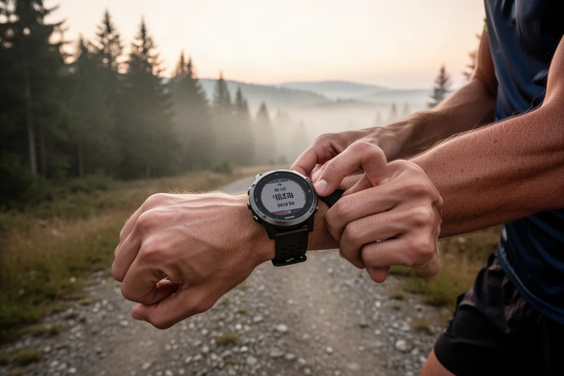 Trail runner checking a large multisport GPS watch during an early morning run