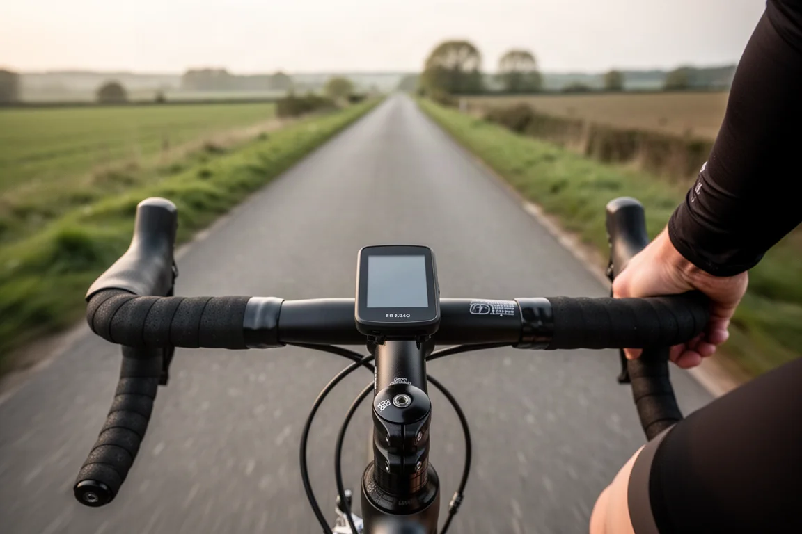 Cyclist on an open road using a handlebar-mounted GPS cycling computer