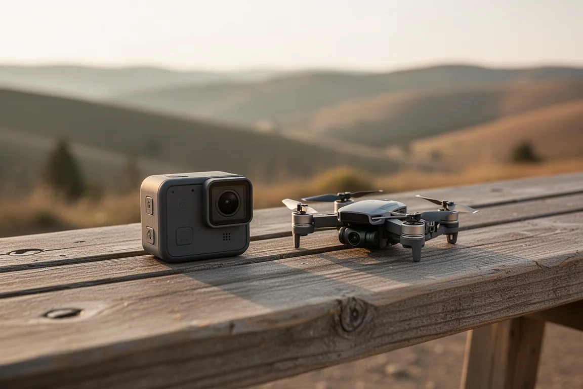 Compact action camera and a small folding drone resting on a wooden trailhead bench
