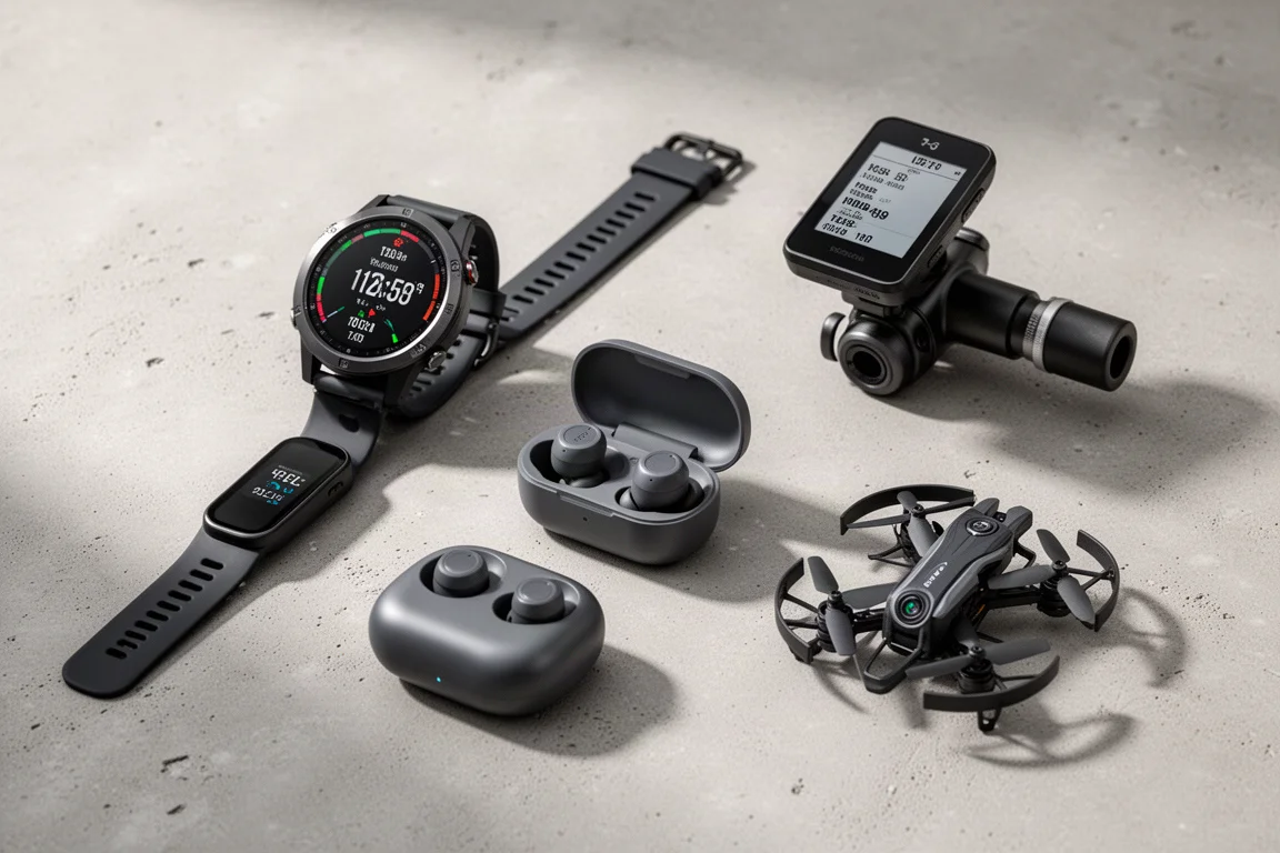 Flat lay van sportartikelen, waaronder een GPS-horloge, oordopjes, een fietscomputer en een opvouwbare drone