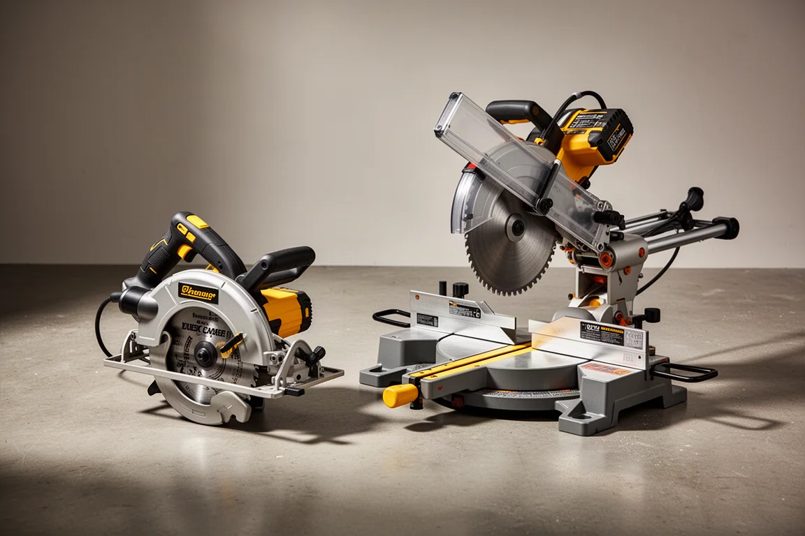 DeWalt circular saw and Metabo HPT compound miter saw arranged on concrete