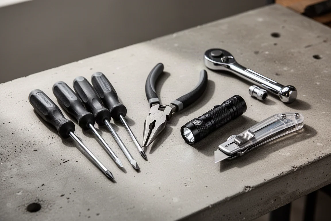 Hand tools including screwdrivers, pliers, a ratchet, a flashlight, and a utility knife arranged on a workbench