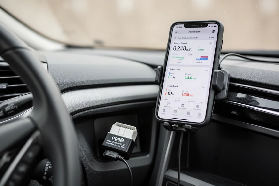 Kompakt diagnostikscanner ansluten till en bils OBD-port med en telefon som visar live-data
