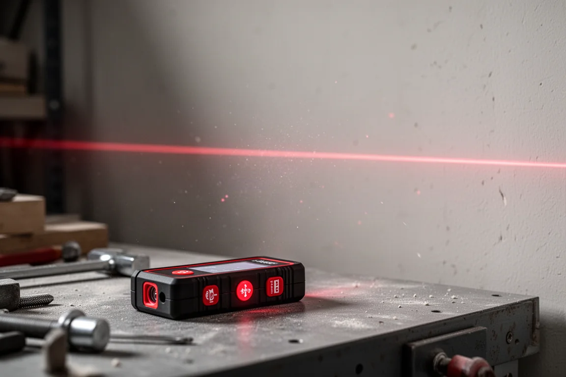 Laseravståndsmätare som projicerar en ljus prick över en verkstadsvägg